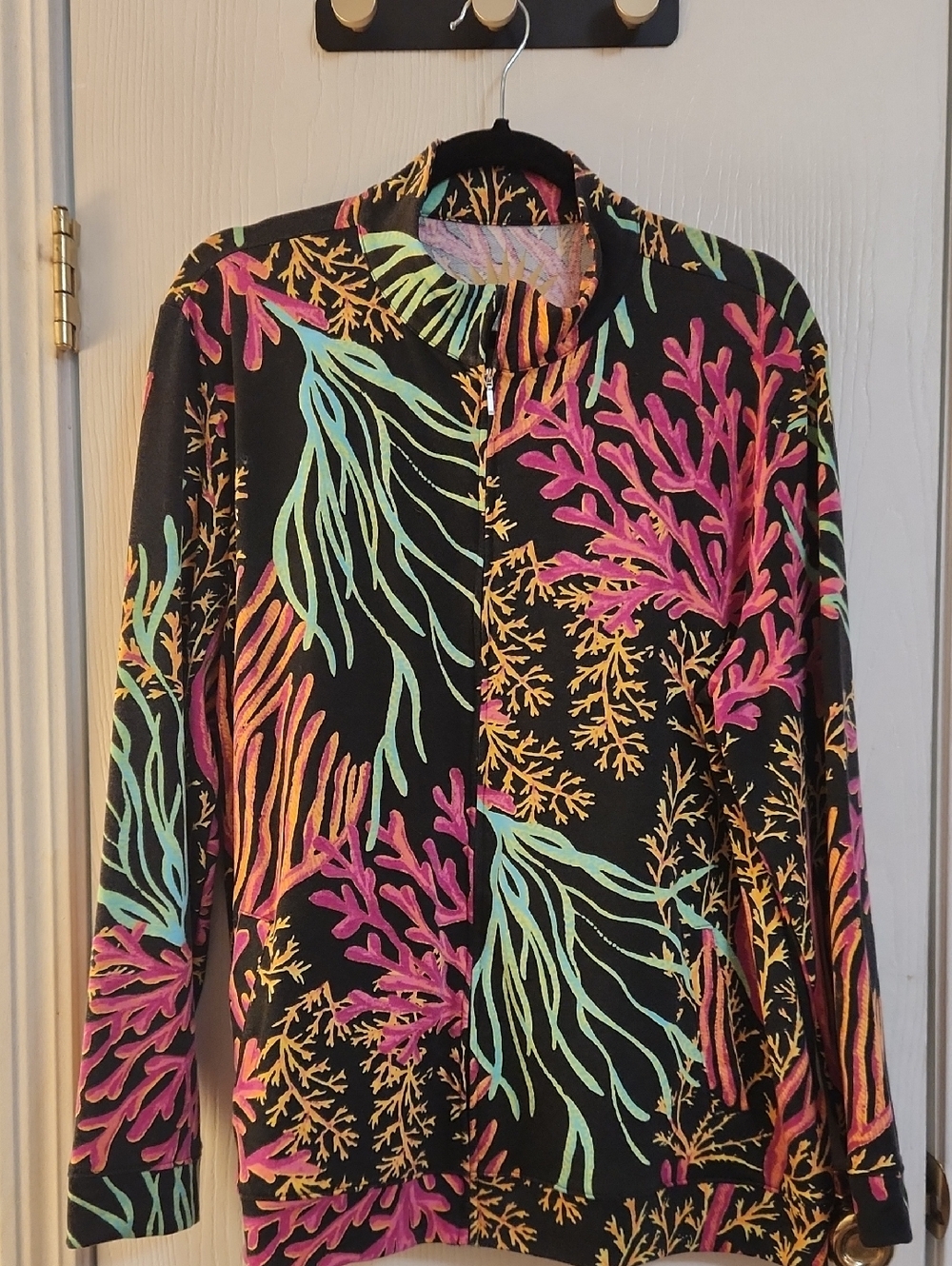 Black Coral Print Jacket with Pink, Teal & Gold Accents